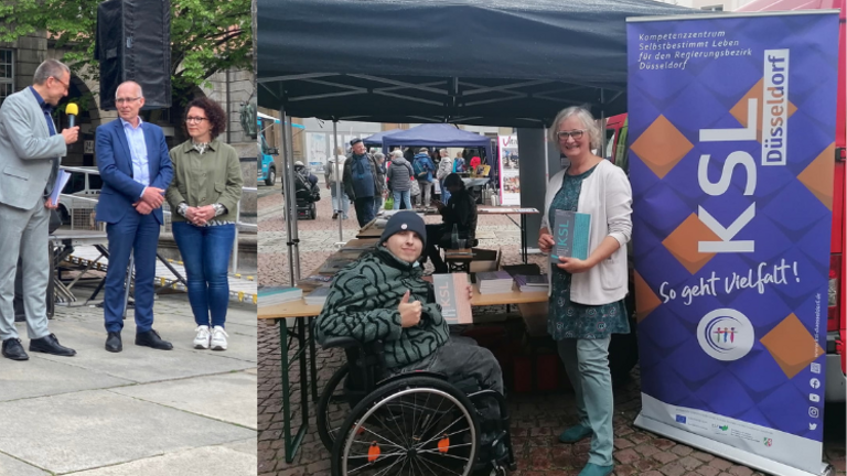 links: Eröffnung des Aktionstages mit Mitgliedern des Beirates für Menschen mit Behinderung, OB Dr. Uwe Schneidewind (6.v.l.), Sozialdezernent Stefan Kühn (7.v.l.), Sandra Heinen aus dem Inklusionsbüro Wuppertal (8.v.l.), rechts: Adrian Dworak und Iris Colsman vom KSL.Düsseldorf
