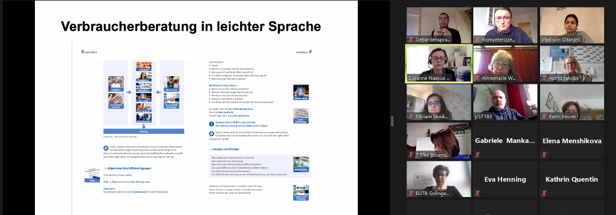Teilnehmer*innen der Videokonferemz "Fit für den Konsumalltag" und Power-Point-Präsentation mit der Überschrift "Verbraucherberatung in Leichter Sprache"