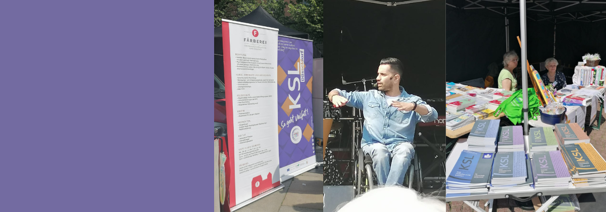 von links nach rechts: Roll-Ups der Färberei Wuppertal und des KSL Düsseldorf, Comedian und Schauspieler Tan Caglar auf einer Bühne, verschiedene Ausgabe der Broschüren KSL Konkret auf einem Tisch 