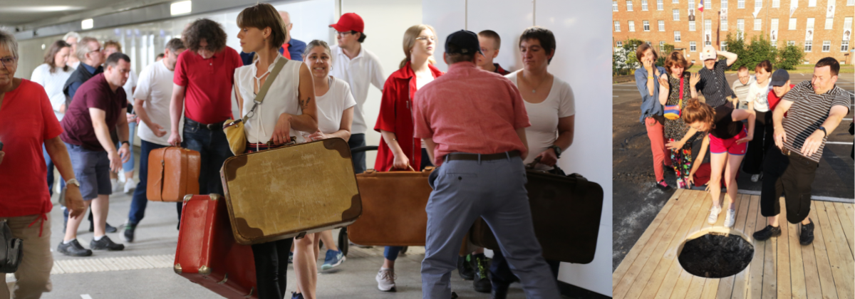 Schauspielszenen: Personen mit Koffern und vor einem Loch (Foto: Theaterwerkstatt Bethel, Matthias Gräßlin)