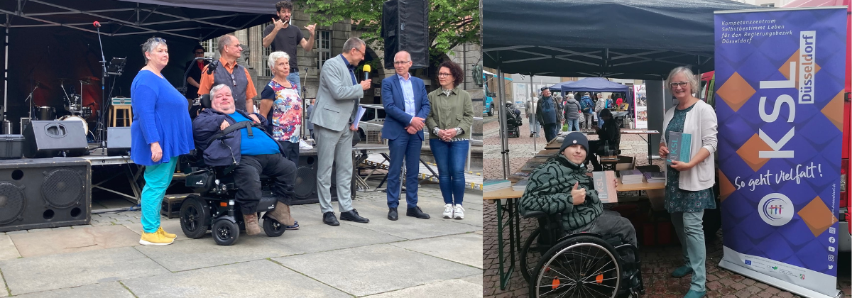 links: Eröffnung des Aktionstages mit Mitgliedern des Beirates für Menschen mit Behinderung, OB Dr. Uwe Schneidewind (6.v.l.), Sozialdezernent Stefan Kühn (7.v.l.), Sandra Heinen aus dem Inklusionsbüro Wuppertal (8.v.l.), rechts: Adrian Dworak und Iris Colsman vom KSL.Düsseldorf