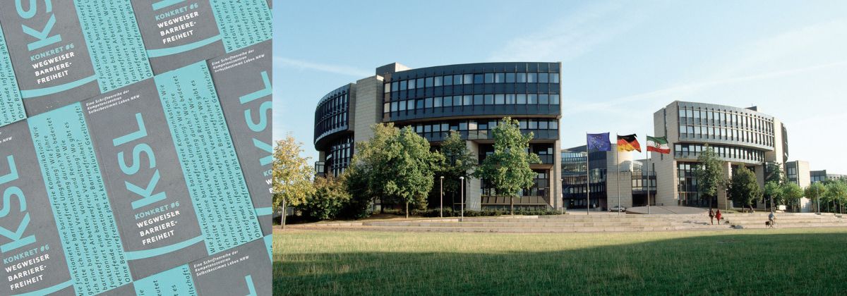 links: Wegweiser Barrierefreiheit; rechts: Landtag NRW