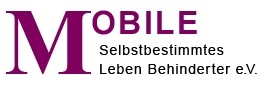 Das Logo des Vereins Mobile-Delbstbestimmtes Leben Behinderter e.V. - Es zeigt links ein großes "M" in purpur, nach rechts oben in Großbuchstaben aber kleiner "obile", darunter in zwei Zeilen und schwarzer Schrift "Selbstbestimmtes Leben Behinderter e.V."