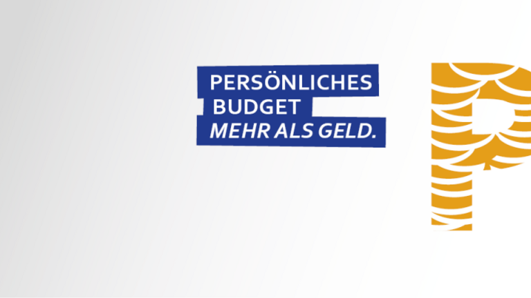 Banner zur Kampagne Persönliches Budget, Text: Mehr als Geld" und daneben die Buchstaben PB stilisiert zusammengesetzt aus Stapeln von Münzen