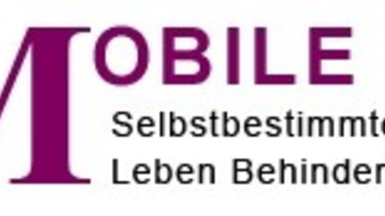 Das Logo des Vereins Mobile-Delbstbestimmtes Leben Behinderter e.V. - Es zeigt links ein großes "M" in purpur, nach rechts oben in Großbuchstaben aber kleiner "obile", darunter in zwei Zeilen und schwarzer Schrift "Selbstbestimmtes Leben Behinderter e.V."